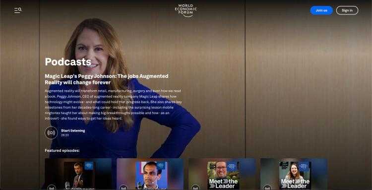 A screenshot of a Podcast page featuring a woman in the hero